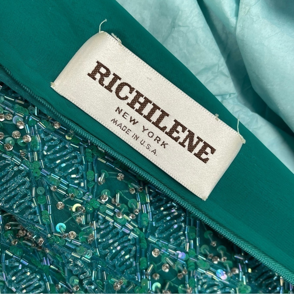 VINTAGE RICHILENE 70S SILK CHIFFON BEAD EMBELLISHED AQUA FORMAL EVENING GOWN - Picture 12 of 16